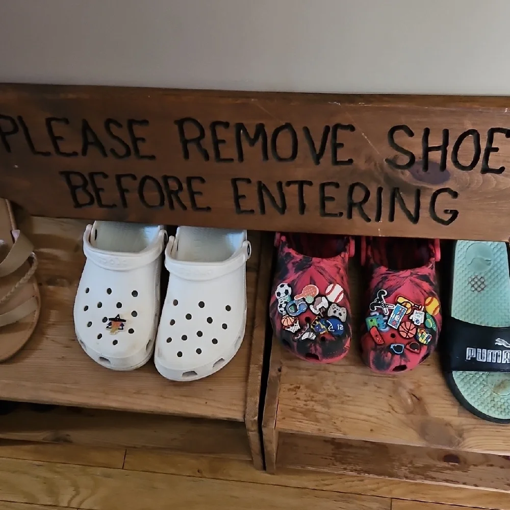 Vintage Rustic Handmade Brown Wooden Door Entry Sign 27 X 7 Inches Remove Shoes